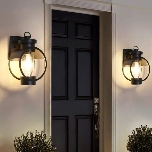 Alt view image 2 of 7 - Dusk to Dawn Outdoor Wall Sconce, 12" Outside Wall Lights with Seeded Glass Shade, Modern Black Wall Mount Light Fixture, Waterproof Exterior Lighting Fixtures for House Porch Garage, 2-Pack
