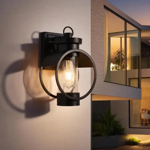 Alt view image 4 of 7 - Dusk to Dawn Outdoor Wall Sconce, 12" Outside Wall Lights with Seeded Glass Shade, Modern Black Wall Mount Light Fixture, Waterproof Exterior Lighting Fixtures for House Porch Garage, 2-Pack