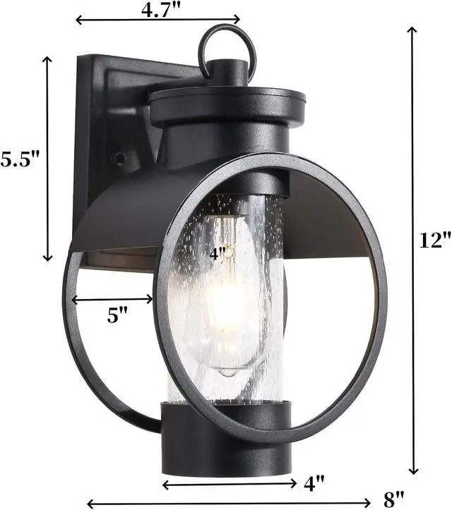 Alt view image 5 of 7 - Dusk to Dawn Outdoor Wall Sconce, 12" Outside Wall Lights with Seeded Glass Shade, Modern Black Wall Mount Light Fixture, Waterproof Exterior Lighting Fixtures for House Porch Garage, 2-Pack