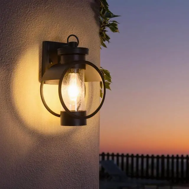 Alt view image 3 of 7 - Dusk to Dawn Outdoor Wall Sconce, 12" Outside Wall Lights with Seeded Glass Shade, Modern Black Wall Mount Light Fixture, Waterproof Exterior Lighting Fixtures for House Porch Garage, 2-Pack
