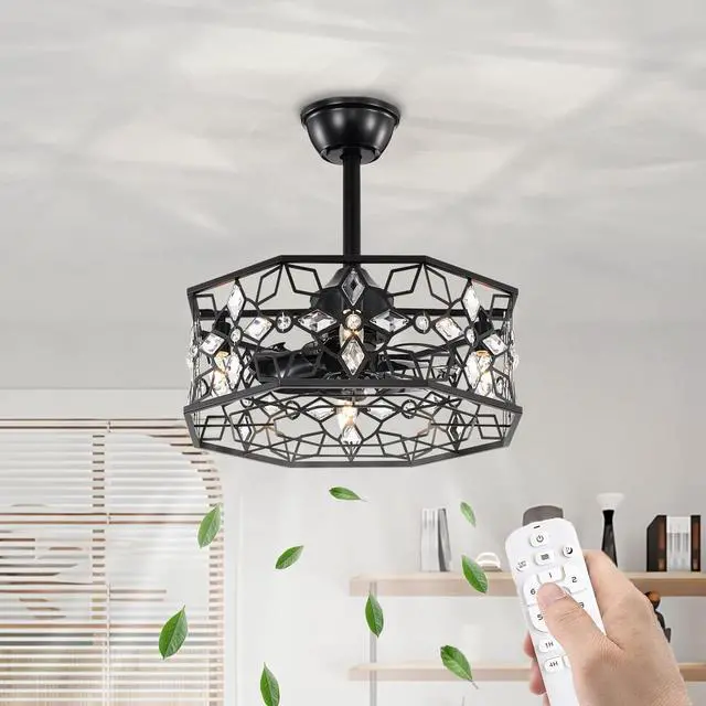 Main image of 19.3''H Black Caged Ceiling Fan with Light, Crystal Flower Ceiling Fans with Lights and Remote, Modern industrial Fandelier Ceiling Fan for Hallway, Bedroom, Living Room