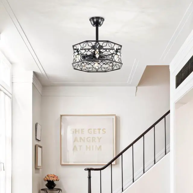 Alt view image 3 of 7 - 19.3''H Black Caged Ceiling Fan with Light, Crystal Flower Ceiling Fans with Lights and Remote, Modern industrial Fandelier Ceiling Fan for Hallway, Bedroom, Living Room