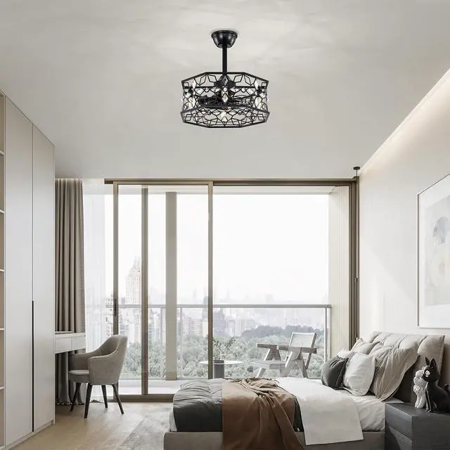 Alt view image 2 of 7 - 19.3''H Black Caged Ceiling Fan with Light, Crystal Flower Ceiling Fans with Lights and Remote, Modern industrial Fandelier Ceiling Fan for Hallway, Bedroom, Living Room