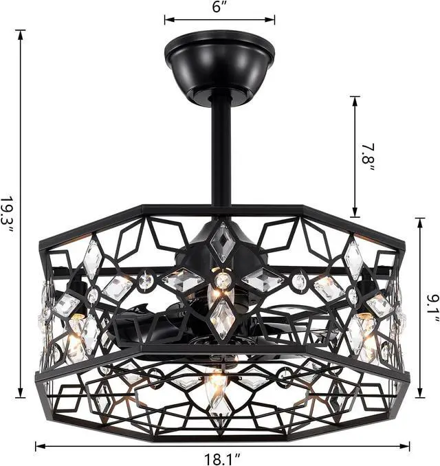 Alt view image 4 of 7 - 19.3''H Black Caged Ceiling Fan with Light, Crystal Flower Ceiling Fans with Lights and Remote, Modern industrial Fandelier Ceiling Fan for Hallway, Bedroom, Living Room