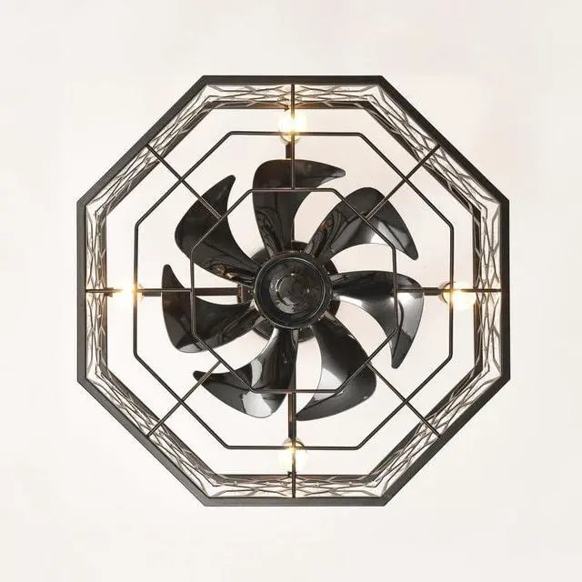 Alt view image 6 of 7 - 19.3''H Black Caged Ceiling Fan with Light, Crystal Flower Ceiling Fans with Lights and Remote, Modern industrial Fandelier Ceiling Fan for Hallway, Bedroom, Living Room