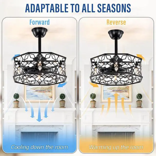 Alt view image 5 of 7 - 19.3''H Black Caged Ceiling Fan with Light, Crystal Flower Ceiling Fans with Lights and Remote, Modern industrial Fandelier Ceiling Fan for Hallway, Bedroom, Living Room