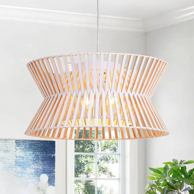 Main image of 17.7'' Antique White Wooden Chandelier, 3-Light Pendant Light Fixture with Boho Wicker Shade, 3-Light Wood Farmhouse Ceiling Light for Living Room, Bedroom, Kitchen