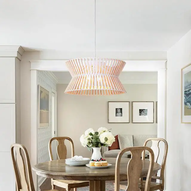 Alt view image 2 of 7 - 17.7'' Antique White Wooden Chandelier, 3-Light Pendant Light Fixture with Boho Wicker Shade, 3-Light Wood Farmhouse Ceiling Light for Living Room, Bedroom, Kitchen