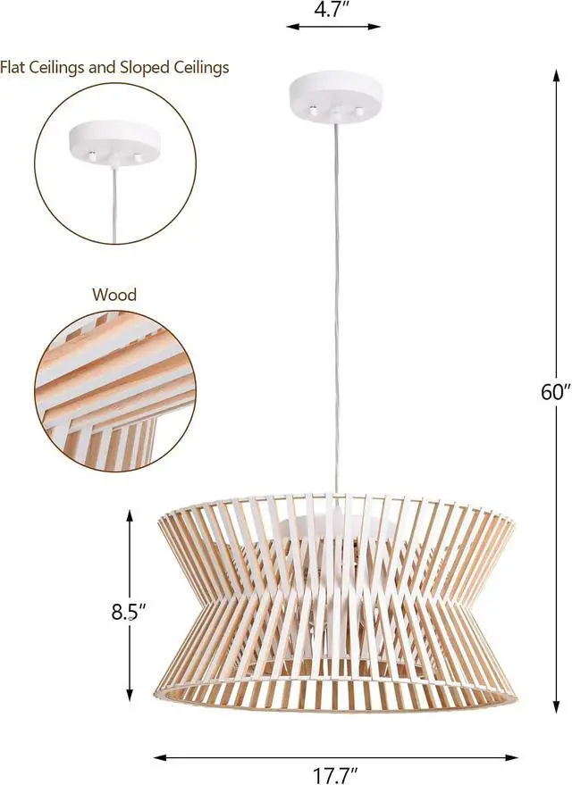 Alt view image 4 of 7 - 17.7'' Antique White Wooden Chandelier, 3-Light Pendant Light Fixture with Boho Wicker Shade, 3-Light Wood Farmhouse Ceiling Light for Living Room, Bedroom, Kitchen