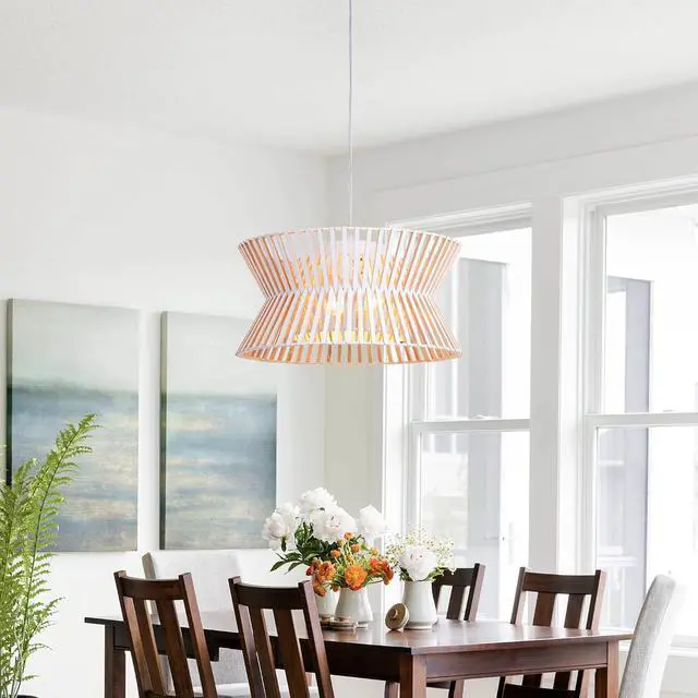 Alt view image 3 of 7 - 17.7'' Antique White Wooden Chandelier, 3-Light Pendant Light Fixture with Boho Wicker Shade, 3-Light Wood Farmhouse Ceiling Light for Living Room, Bedroom, Kitchen