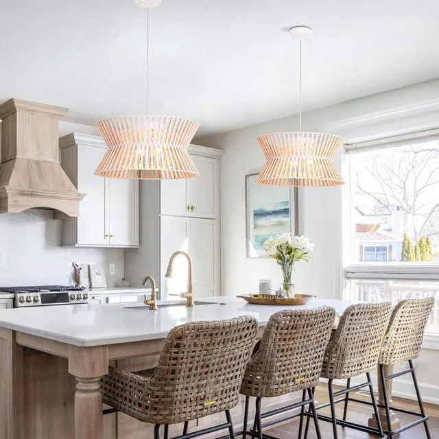 Alt view image 7 of 7 - 17.7'' Antique White Wooden Chandelier, 3-Light Pendant Light Fixture with Boho Wicker Shade, 3-Light Wood Farmhouse Ceiling Light for Living Room, Bedroom, Kitchen