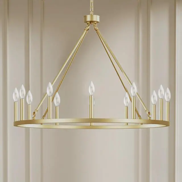 Main image of 39.3" Gold Wagon Wheel Chandelier,16-Light Extra Large Round Farmhouse Metal Ceiling Light Fixture for Dining Room, Living Room, Foyer Entryway with High Ceilings, E12 Base