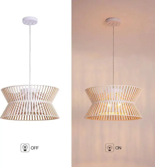 Alt view image 6 of 7 - 17.7'' Antique White Wooden Chandelier, 3-Light Pendant Light Fixture with Boho Wicker Shade, 3-Light Wood Farmhouse Ceiling Light for Living Room, Bedroom, Kitchen