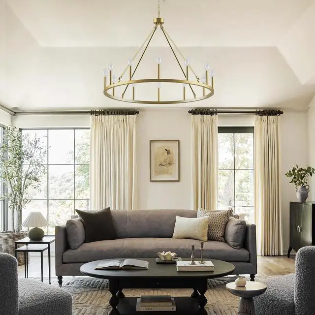 Alt view image 2 of 7 - 39.3" Gold Wagon Wheel Chandelier,16-Light Extra Large Round Farmhouse Metal Ceiling Light Fixture for Dining Room, Living Room, Foyer Entryway with High Ceilings, E12 Base