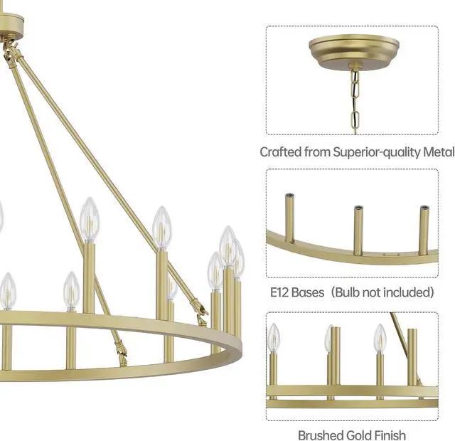 Alt view image 5 of 7 - 39.3" Gold Wagon Wheel Chandelier,16-Light Extra Large Round Farmhouse Metal Ceiling Light Fixture for Dining Room, Living Room, Foyer Entryway with High Ceilings, E12 Base