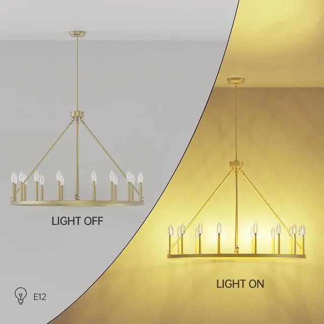 Alt view image 6 of 7 - 39.3" Gold Wagon Wheel Chandelier,16-Light Extra Large Round Farmhouse Metal Ceiling Light Fixture for Dining Room, Living Room, Foyer Entryway with High Ceilings, E12 Base