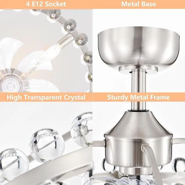 Alt view image 2 of 7 - 20.8"W Crystal Ceiling Fans with Lights and Remote,Modern Caged Ceiling Fan with Light,Nickel Flush Mount Ceiling Fan with Reversible 7 Blades 6 Speeds for Bedroom Dining Room Kitchen