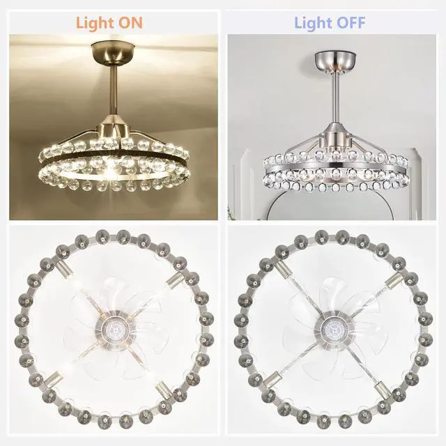 Alt view image 4 of 7 - 20.8"W Crystal Ceiling Fans with Lights and Remote,Modern Caged Ceiling Fan with Light,Nickel Flush Mount Ceiling Fan with Reversible 7 Blades 6 Speeds for Bedroom Dining Room Kitchen