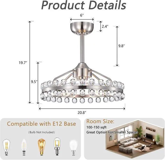 Alt view image 3 of 7 - 20.8"W Crystal Ceiling Fans with Lights and Remote,Modern Caged Ceiling Fan with Light,Nickel Flush Mount Ceiling Fan with Reversible 7 Blades 6 Speeds for Bedroom Dining Room Kitchen