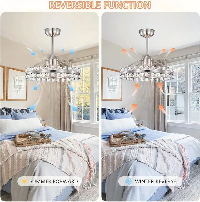 Alt view image 5 of 7 - 20.8"W Crystal Ceiling Fans with Lights and Remote,Modern Caged Ceiling Fan with Light,Nickel Flush Mount Ceiling Fan with Reversible 7 Blades 6 Speeds for Bedroom Dining Room Kitchen