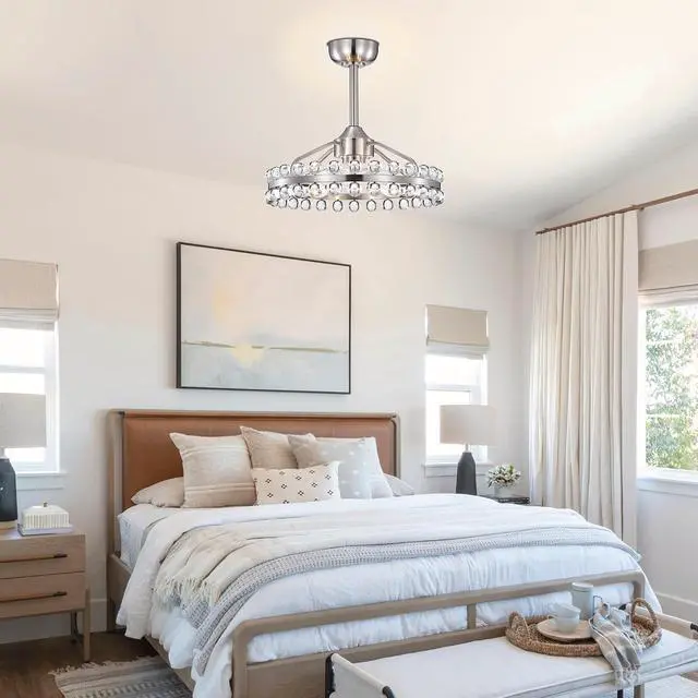 Alt view image 7 of 7 - 20.8"W Crystal Ceiling Fans with Lights and Remote,Modern Caged Ceiling Fan with Light,Nickel Flush Mount Ceiling Fan with Reversible 7 Blades 6 Speeds for Bedroom Dining Room Kitchen