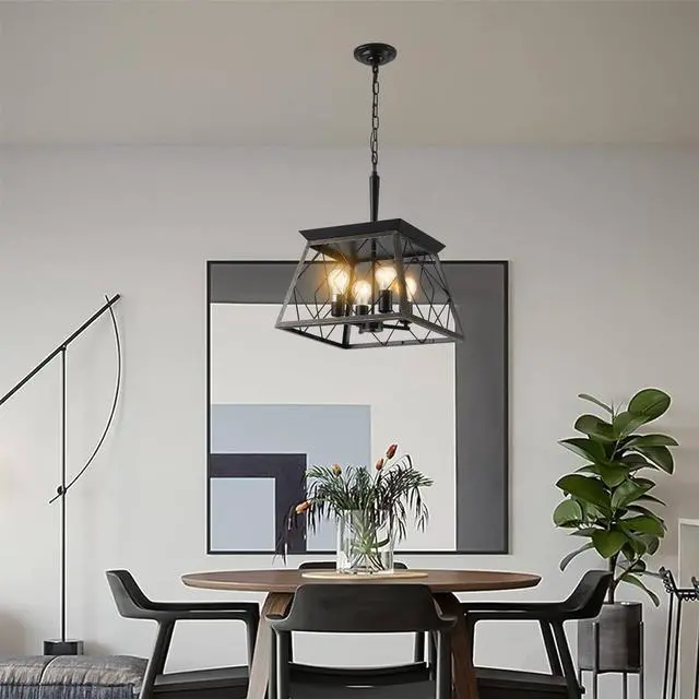Main image of 16" Black Gold industrial 4-Light Pendant Chandelier, Modern Metal Cage Design, Adjustable Hanging Light for Dining Room, Kitchen, Living Room (No Bulbs)