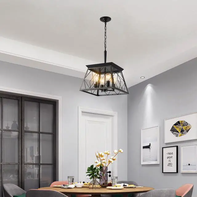 Alt view image 2 of 7 - 16" Black Gold industrial 4-Light Pendant Chandelier, Modern Metal Cage Design, Adjustable Hanging Light for Dining Room, Kitchen, Living Room (No Bulbs)
