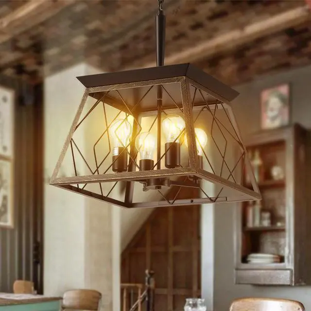 Alt view image 3 of 7 - 16" Black Gold industrial 4-Light Pendant Chandelier, Modern Metal Cage Design, Adjustable Hanging Light for Dining Room, Kitchen, Living Room (No Bulbs)