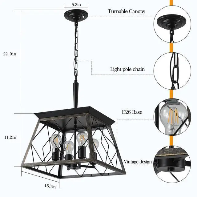 Alt view image 7 of 7 - 16" Black Gold industrial 4-Light Pendant Chandelier, Modern Metal Cage Design, Adjustable Hanging Light for Dining Room, Kitchen, Living Room (No Bulbs)
