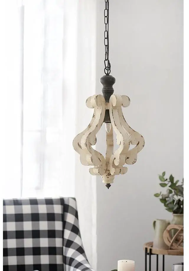 Main image of Farmhouse Chandeliar, Distressed White Pendant French Country Wood Chandelier for Living Room Foyer, Bulb Not included