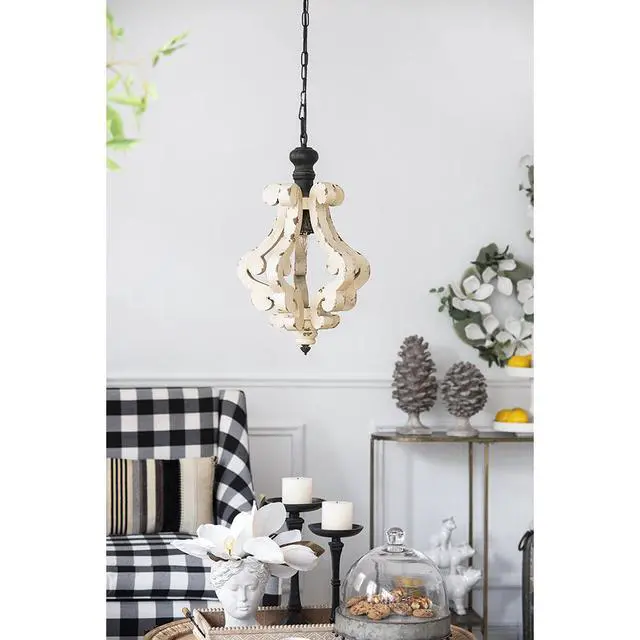 Alt view image 6 of 7 - Farmhouse Chandeliar, Distressed White Pendant French Country Wood Chandelier for Living Room Foyer, Bulb Not included