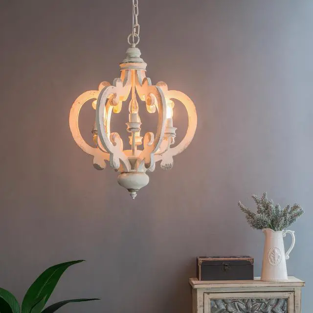 Alt view image 3 of 7 - French Country Wood Chandelier, 6-Light Farmhouse Pendant Light Fixture with Adjustable Chain for Kitchen Foyer Hallway Entryway, Bulb Not included