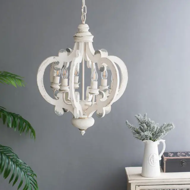 Alt view image 7 of 7 - French Country Wood Chandelier, 6-Light Farmhouse Pendant Light Fixture with Adjustable Chain for Kitchen Foyer Hallway Entryway, Bulb Not included