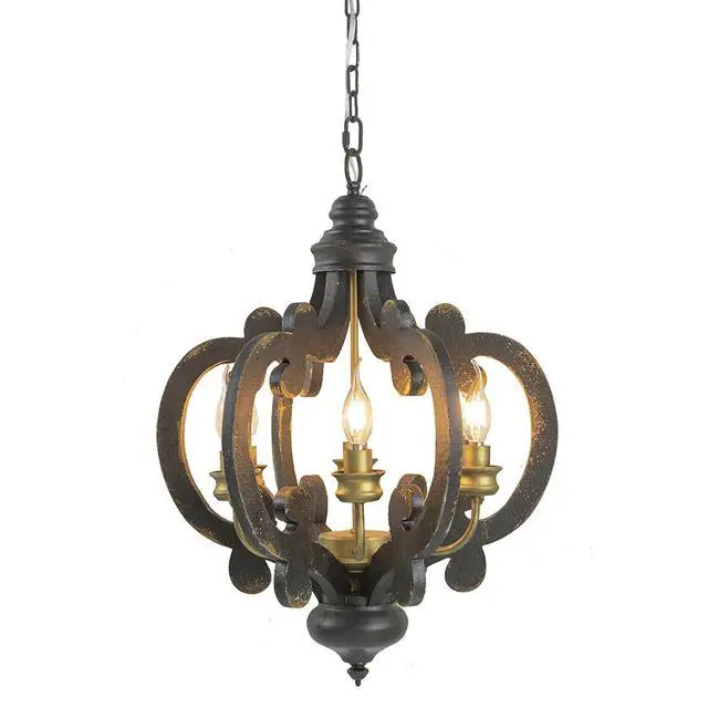 Alt view image 2 of 5 - French Country Wood Chandelier, 6-Light Farmhouse Pendant Light Fixture with 28" Adjustable Chain for Kitchen Foyer Hallway, Bulb Not included