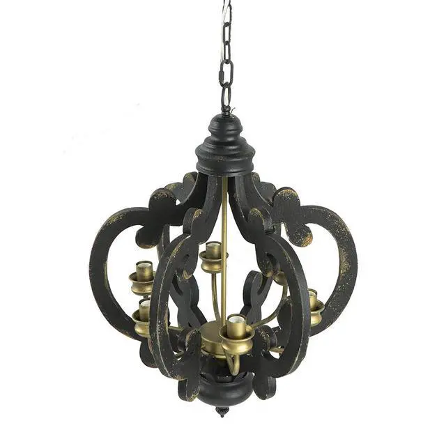 Alt view image 5 of 5 - French Country Wood Chandelier, 6-Light Farmhouse Pendant Light Fixture with 28" Adjustable Chain for Kitchen Foyer Hallway, Bulb Not included