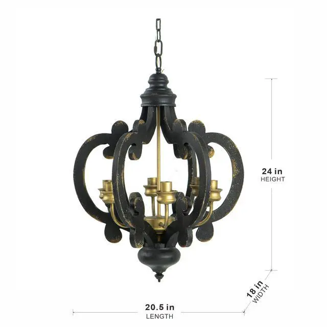 Alt view image 4 of 5 - French Country Wood Chandelier, 6-Light Farmhouse Pendant Light Fixture with 28" Adjustable Chain for Kitchen Foyer Hallway, Bulb Not included