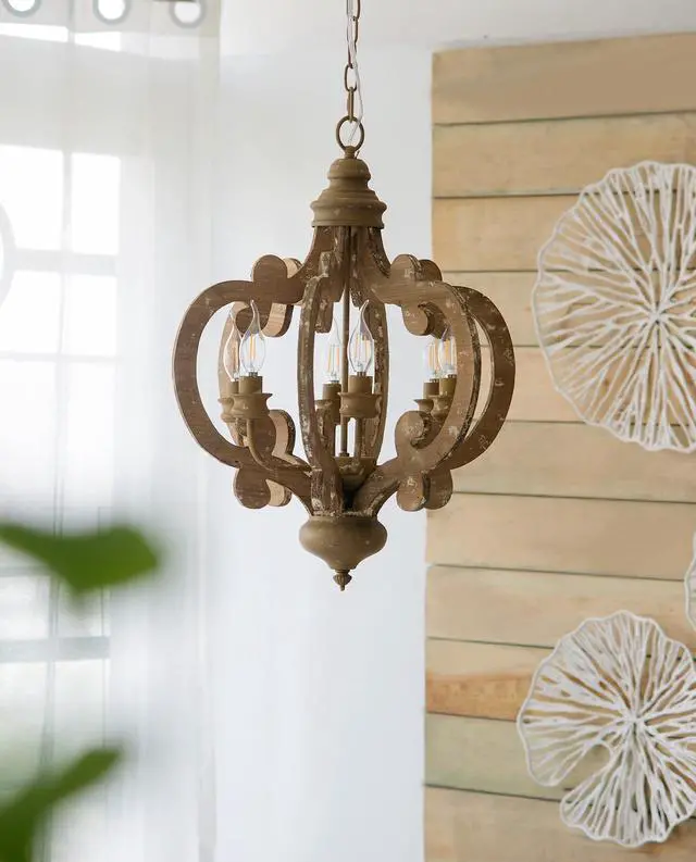 Main image of Farmhouse Chandelier, 6-Light Wood Chandelier Pendant Light Fixture with Adjustable Chain for Dining Room Living Room Entryway, Bulb Not included