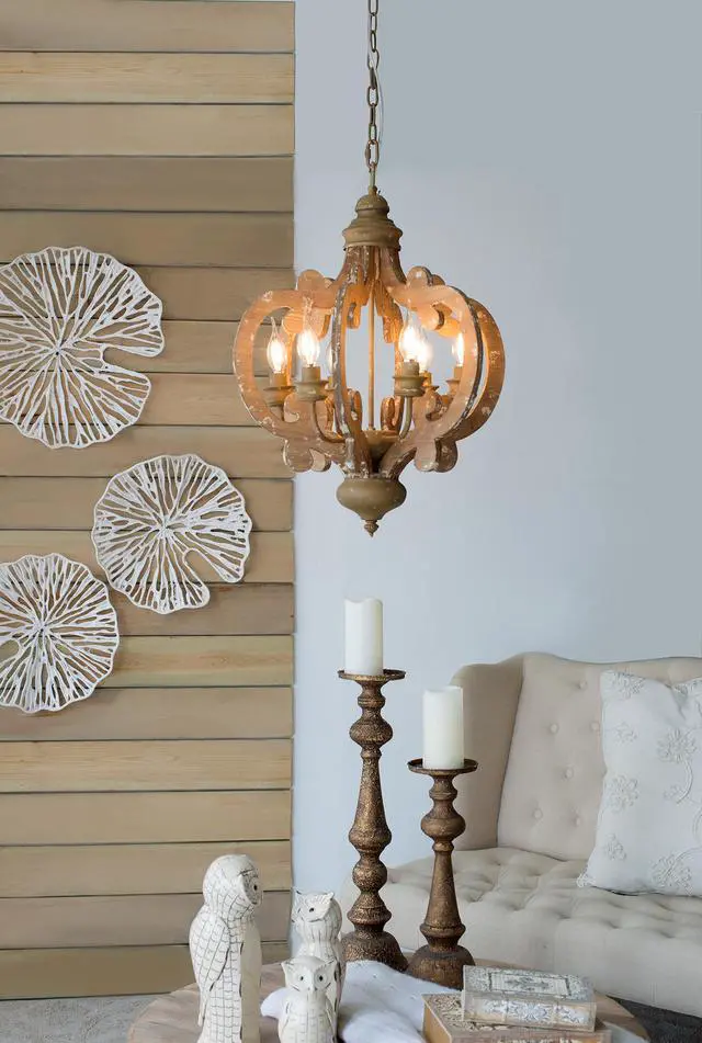 Alt view image 4 of 7 - Farmhouse Chandelier, 6-Light Wood Chandelier Pendant Light Fixture with Adjustable Chain for Dining Room Living Room Entryway, Bulb Not included