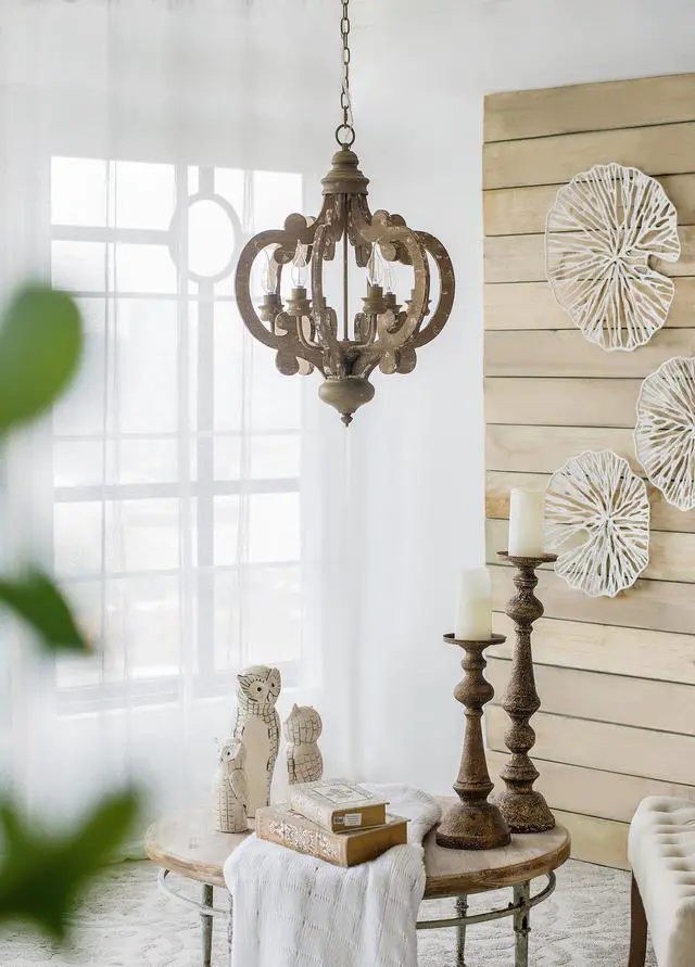 Alt view image 3 of 7 - Farmhouse Chandelier, 6-Light Wood Chandelier Pendant Light Fixture with Adjustable Chain for Dining Room Living Room Entryway, Bulb Not included