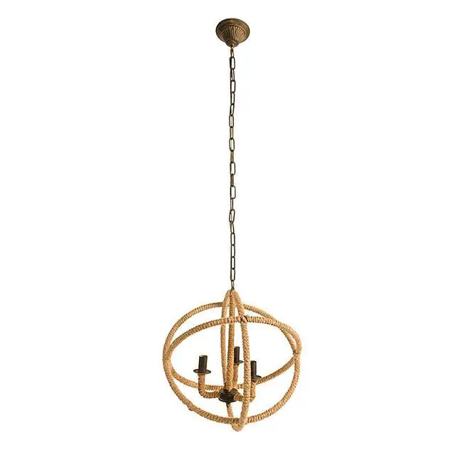 Alt view image 2 of 5 - 3- Light Farmhouse Chandelier, Rope Chandelier Globe Hanging Light Fixture with with Adjustable Chain for Kitchen Dining Room Foyer Entryway, Bulb Not included