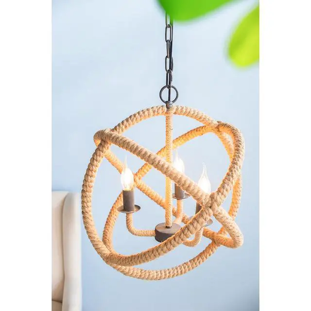 Alt view image 5 of 5 - 3- Light Farmhouse Chandelier, Rope Chandelier Globe Hanging Light Fixture with with Adjustable Chain for Kitchen Dining Room Foyer Entryway, Bulb Not included