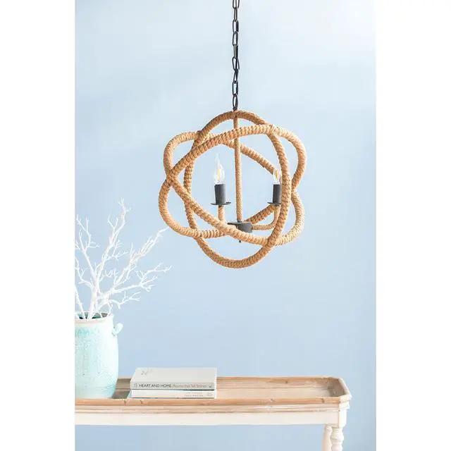 Alt view image 4 of 5 - 3- Light Farmhouse Chandelier, Rope Chandelier Globe Hanging Light Fixture with with Adjustable Chain for Kitchen Dining Room Foyer Entryway, Bulb Not included