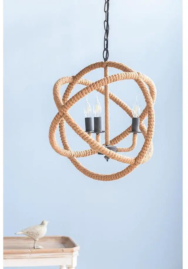 Main image of 3- Light Farmhouse Chandelier, Rope Chandelier Globe Hanging Light Fixture with with Adjustable Chain for Kitchen Dining Room Foyer Entryway, Bulb Not included
