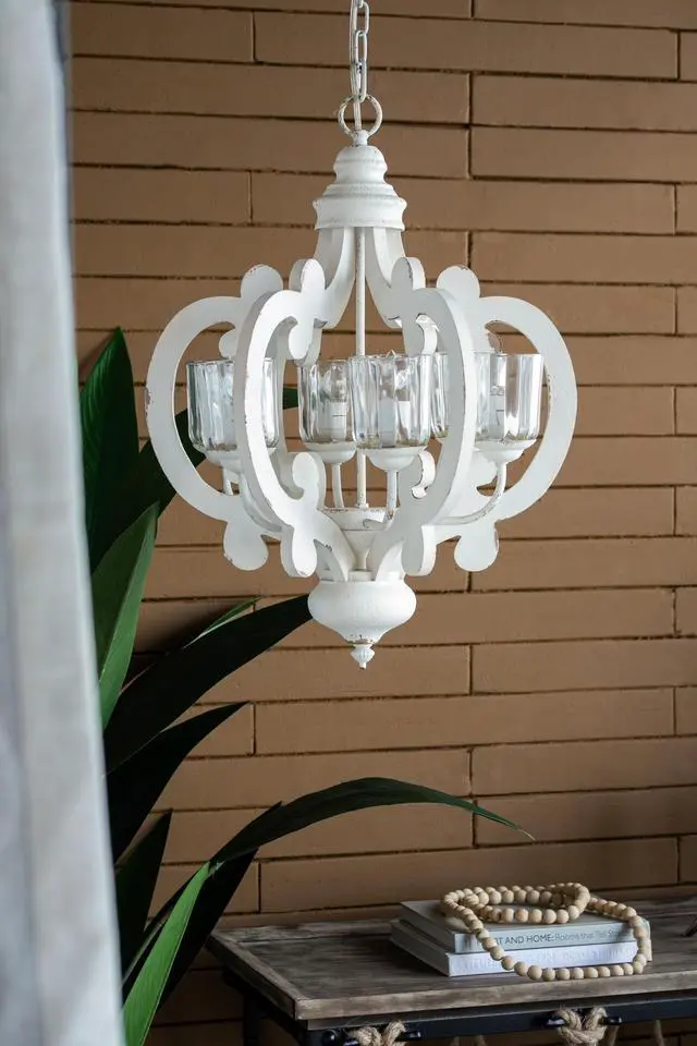 Alt view image 6 of 7 - Farmhouse Chandelier, 6-Light Wood Chandelier Pendant Light Fixture with Adjustable Chain for Dining Room Living Room Entryway, Bulb Not included
