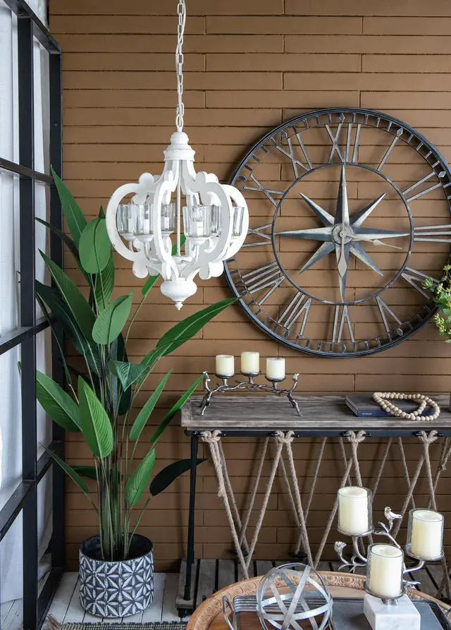 Alt view image 5 of 7 - Farmhouse Chandelier, 6-Light Wood Chandelier Pendant Light Fixture with Adjustable Chain for Dining Room Living Room Entryway, Bulb Not included