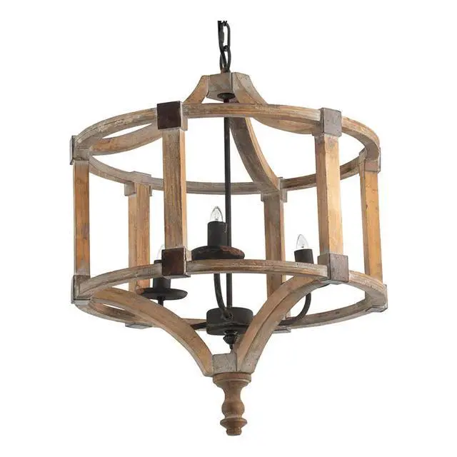 Alt view image 3 of 7 - 3 - Light Wood Drum Chandelier, Hanging Light Fixture with Adjustable Chain for Kitchen Dining Room Foyer Entryway, Bulb Not included