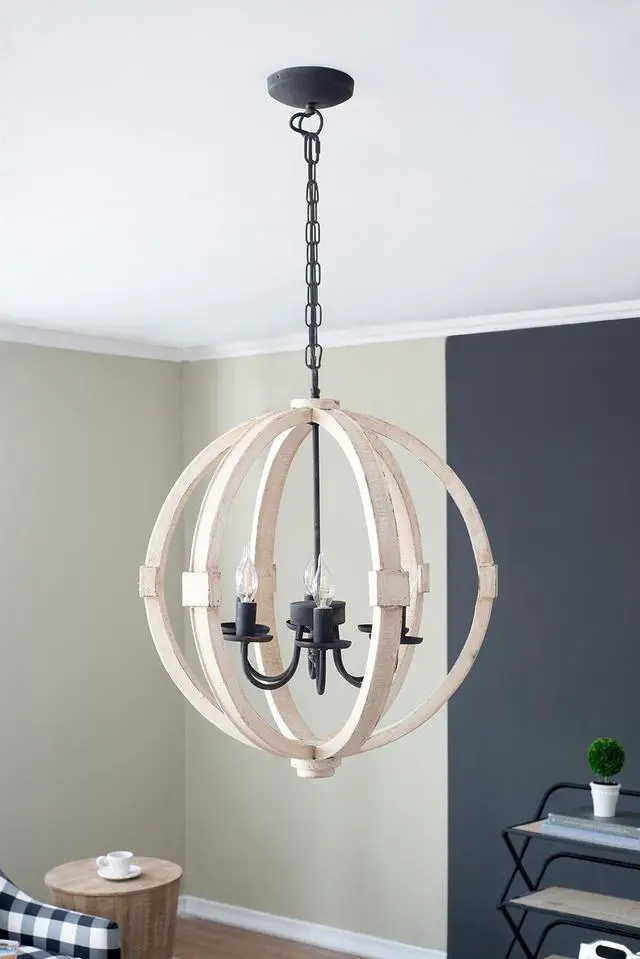 Main image of 6 - Light Wood Chandelier, Hanging Light Fixture with Adjustable Chain for Kitchen Dining Room Foyer Entryway, Bulb Not included