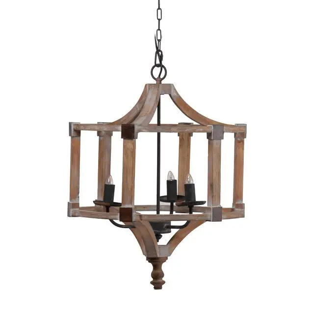 Alt view image 2 of 7 - 3 - Light Wood Drum Chandelier, Hanging Light Fixture with Adjustable Chain for Kitchen Dining Room Foyer Entryway, Bulb Not included