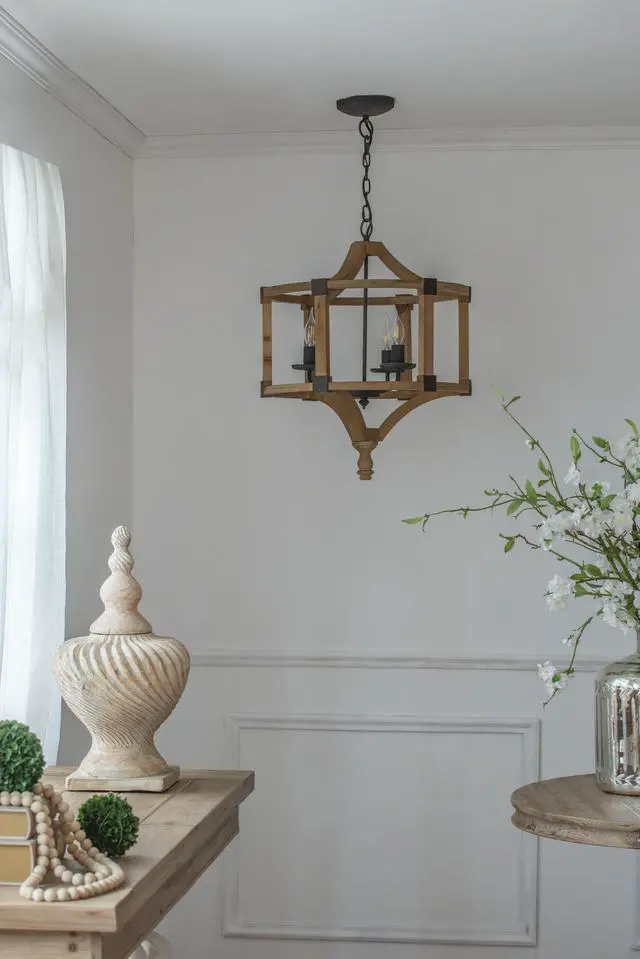 Alt view image 7 of 7 - 3 - Light Wood Drum Chandelier, Hanging Light Fixture with Adjustable Chain for Kitchen Dining Room Foyer Entryway, Bulb Not included