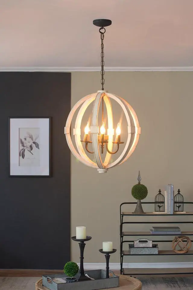 Alt view image 3 of 7 - 6 - Light Wood Chandelier, Hanging Light Fixture with Adjustable Chain for Kitchen Dining Room Foyer Entryway, Bulb Not included